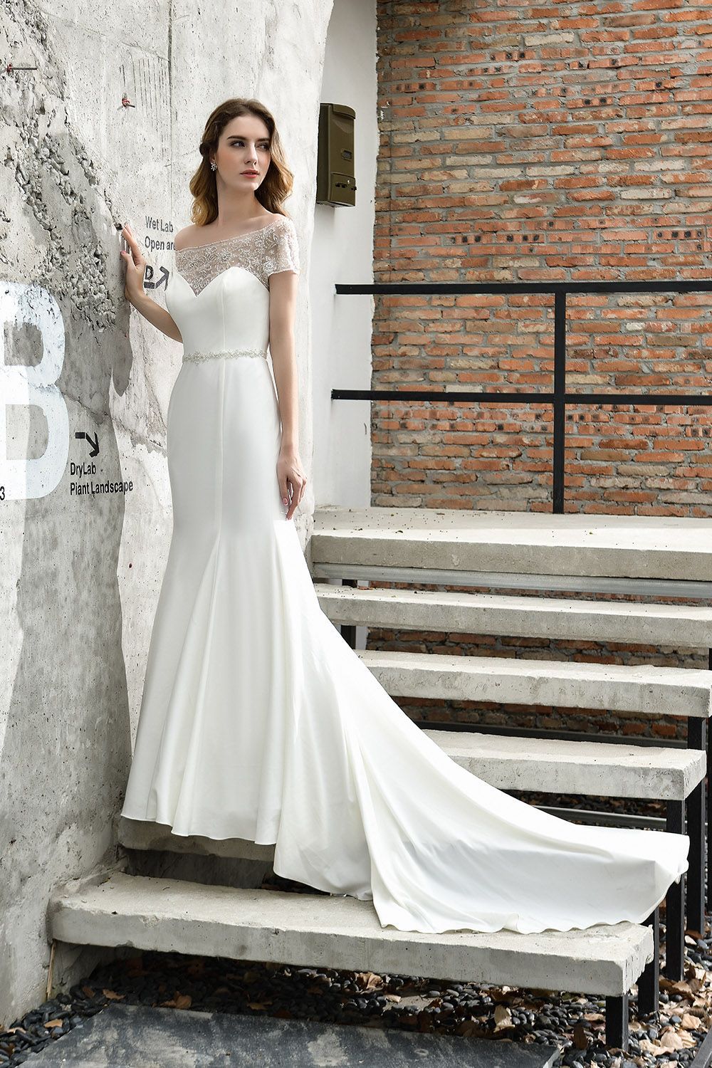 BMbridal Mermaid Satin Lace Off the Shoulder Affordable Ivory Wedding Dress
