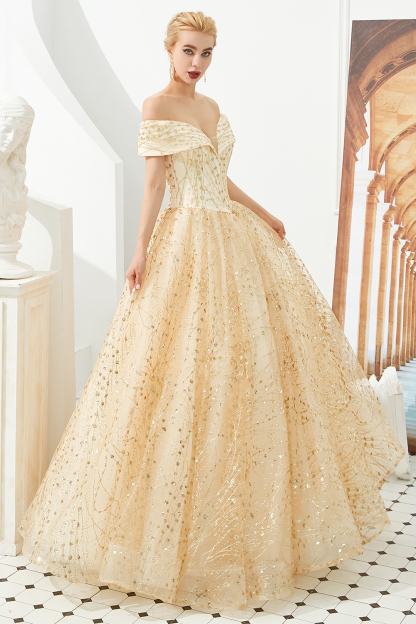 BMbridal Gold Off-the-Shoulder Sequins Prom Dress Ball With Lace-up Online