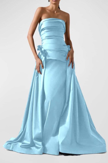 Strapless Backless Sleeveless Long A Line Prom Dress With Pleated