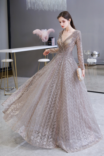BMbridal Sexy V-Neck Long Sleeve Prom Dress Appliques A-Line Evening Gowns