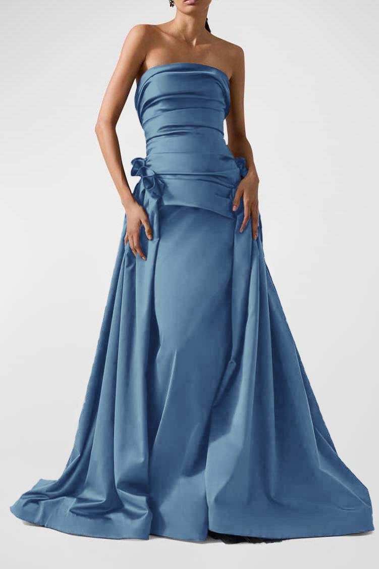 Strapless Backless Sleeveless Long A Line Prom Dress With Pleated
