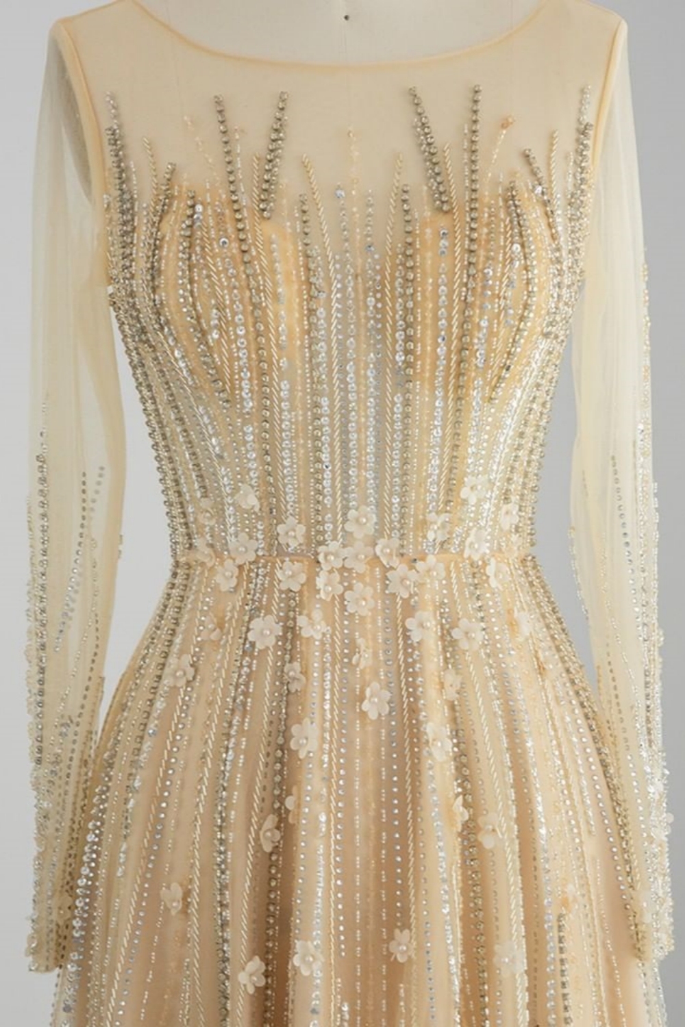 Bmbridal Champagne A-Line Long Sleeves Scoop Prom Dresses with Ruffles