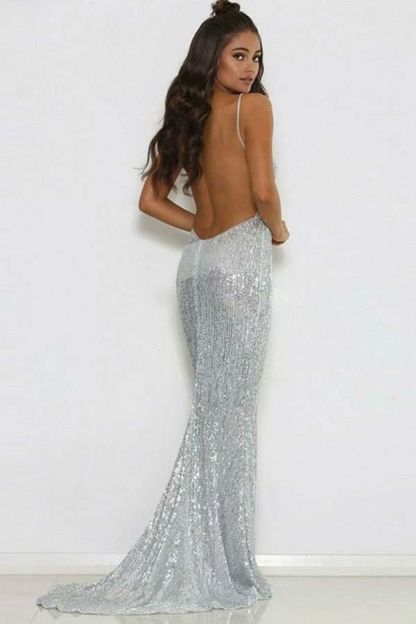 Bmbridal Silver Sequins Mermaid Prom Dress Sleeveless Spaghetti-Straps