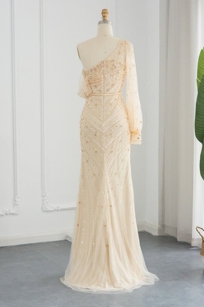 Bmbridal Tulle One Shoulder Long Sleeve Split Prom Dresses with Beadings