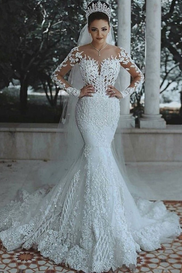 Bmbridal Long Sleeves Mermaid Wedding Dress With Lace Appliques-BMbridal