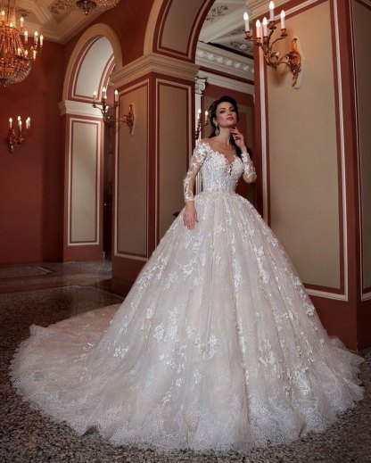 Amazing Bateau Long Sleeves Beading Train Wedding Dress with A-Line Appliques Lace
