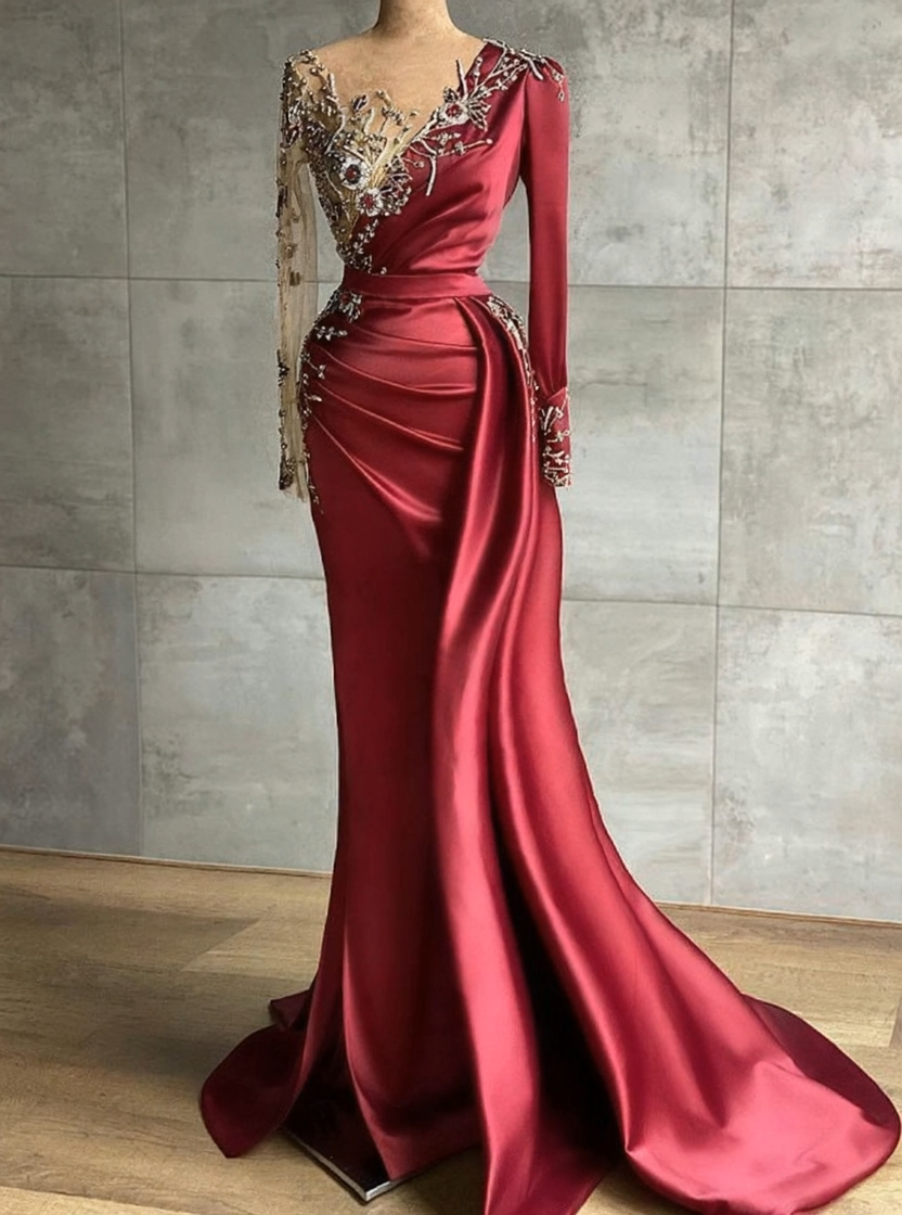BMbridal Burgundy Long Sleeves Mermaid Prom Dress With Beadings
