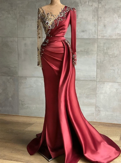 BMbridal Burgundy Long Sleeves Mermaid Prom Dress With Beadings