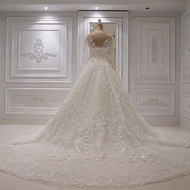 BMbridal Chic  A-line Jewel Longsleeves Wedding Dresses With Appliques Ivory Tulle Ruffles Bridal Gowns On Sale-BMbridal