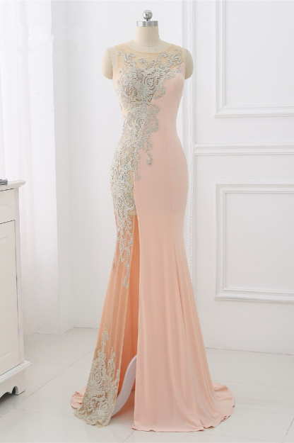 BMbridal Affordable Jewel Appliques Sleeveless Prom Dresses with Front Slit Online