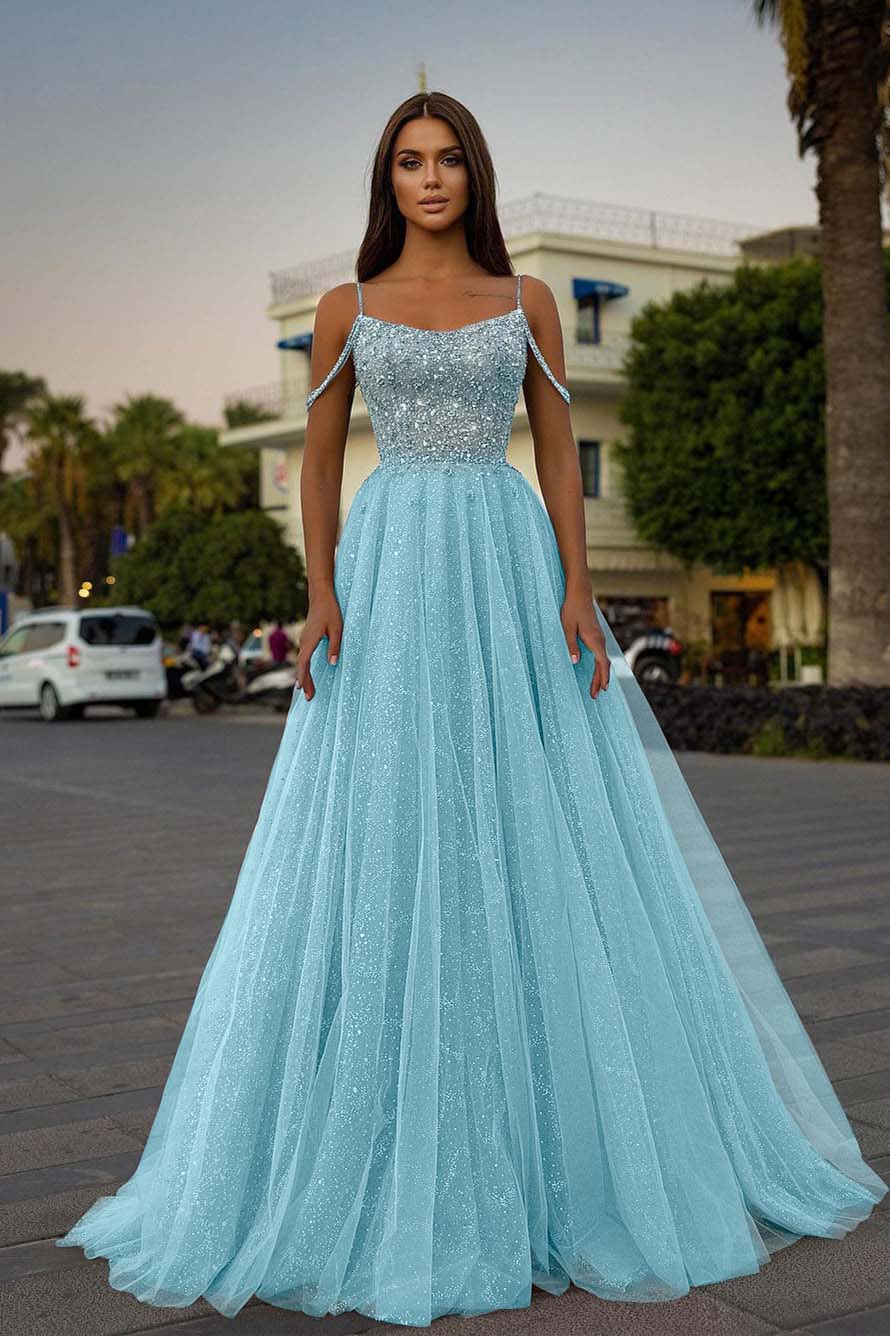 Tulle Spaghetti Strap Sleeveless A Line Long Prom Dress With Sequins Beads