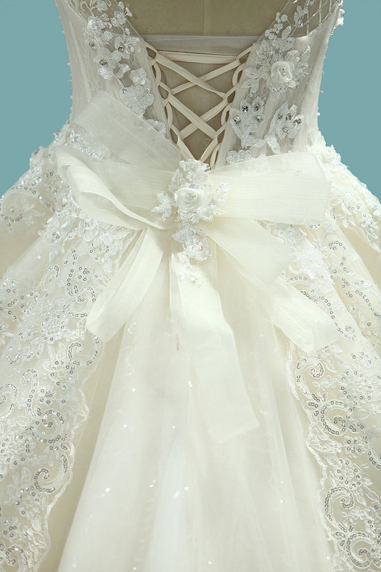 BMbridal Gorgeous Ball Gown Jewel Champagne Tulle Wedding Dress Lace Appliques Beadings Bridal Gowns with Tassels-BMbridal