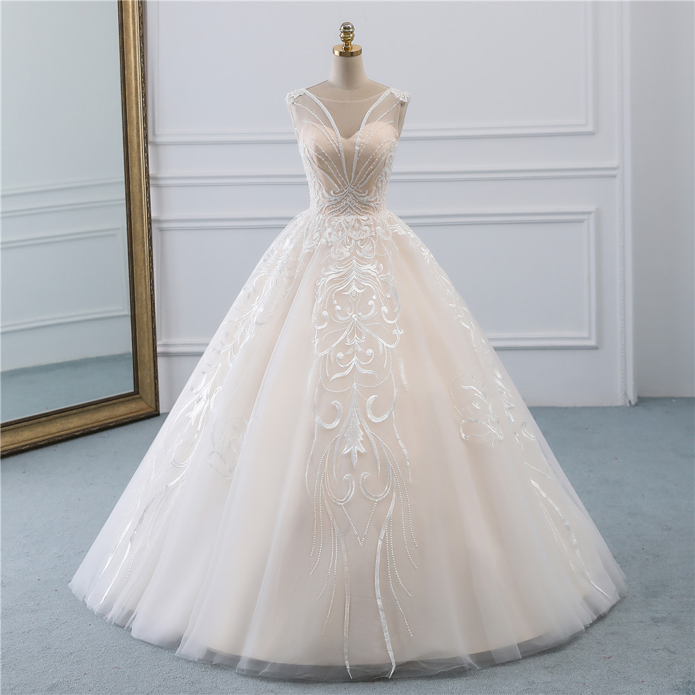 BMbridal Glamorous Sleeveless Jewel Pink Wedding Dresses Tulle Ruffles Bridal Gowns With Appliques Online-BMbridal