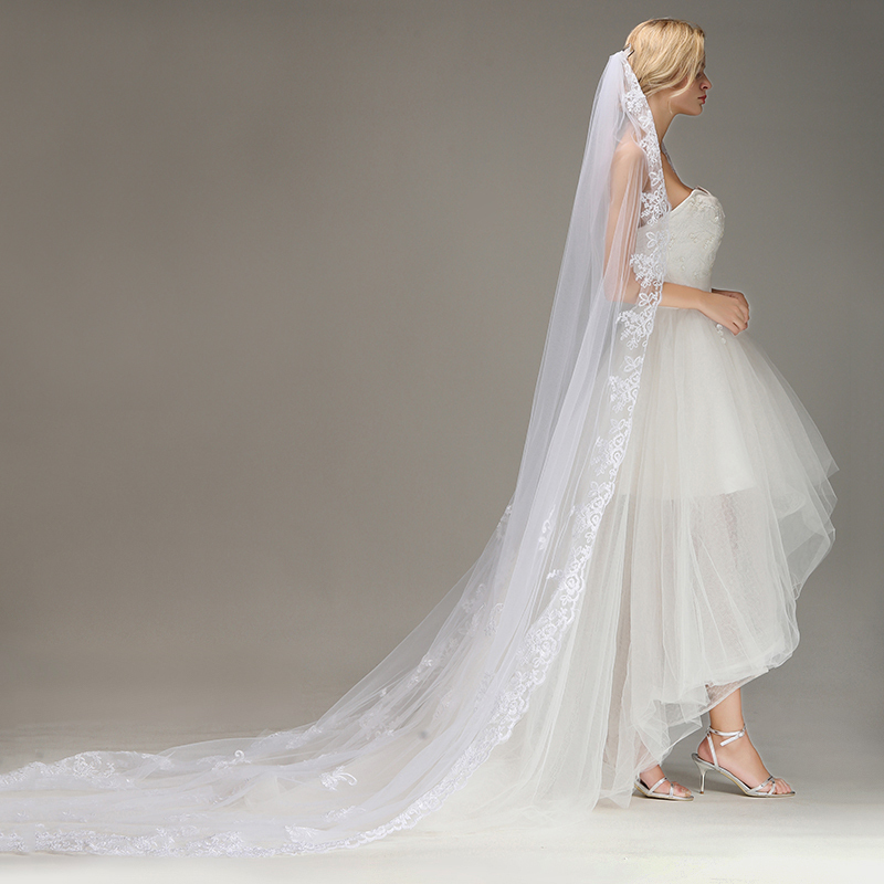 BMbridal One Layer Wedding Veil with Comb Lace Edge Appliqued Bridal Veil-BMbridal