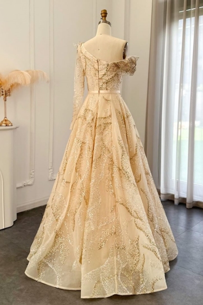 Bmbridal A-Line Champagne Strapless Tulle One Shoulder Prom Dresses with Ruffles