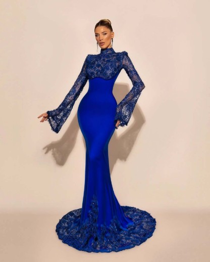 High Neck Lace Long Sleeves Long Mermaid Prom Dress With Pleated