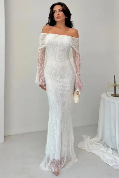 Off the Shoulder Long Sleeves Long Mermaid Prom Dress With Lace