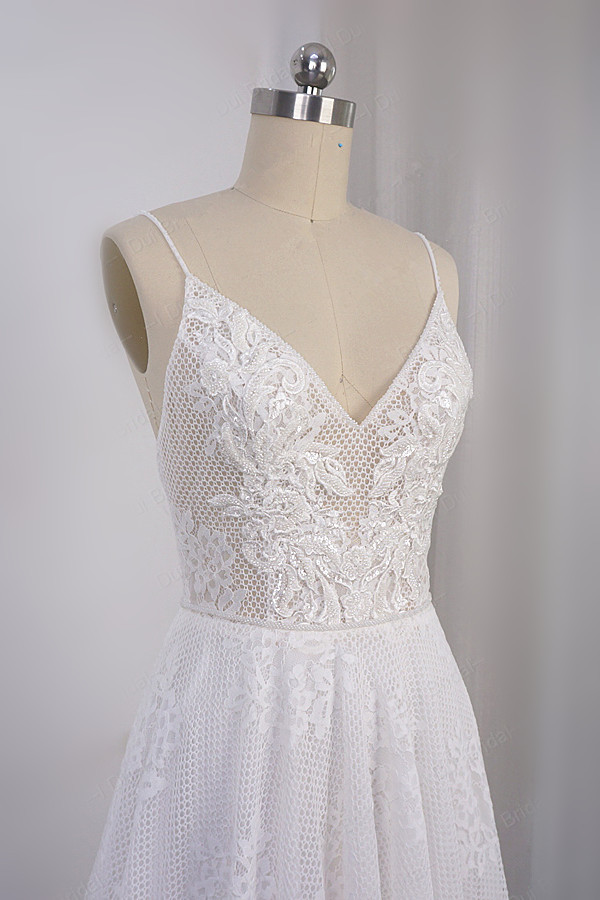 BMbridal Sexy Spaghetti Straps V-neck Lace Tulle Wedding Dress Sleeveless Appliques Backless Bridal Gowns Online-BMbridal