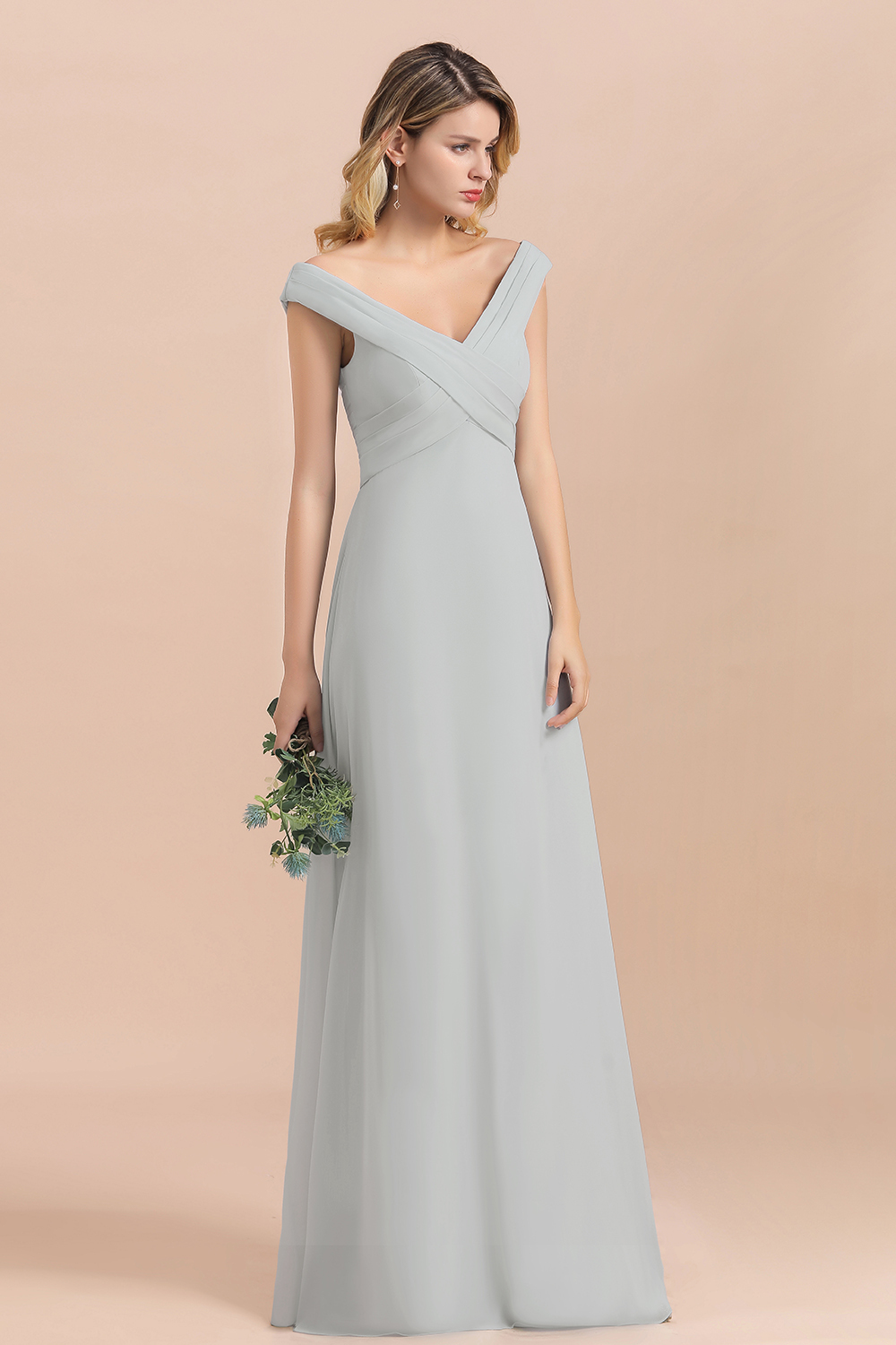 BMbridal Modest Off-the-Shoulder Mist Chiffon Bridesmaid Dresses with Pleats-BMbridal