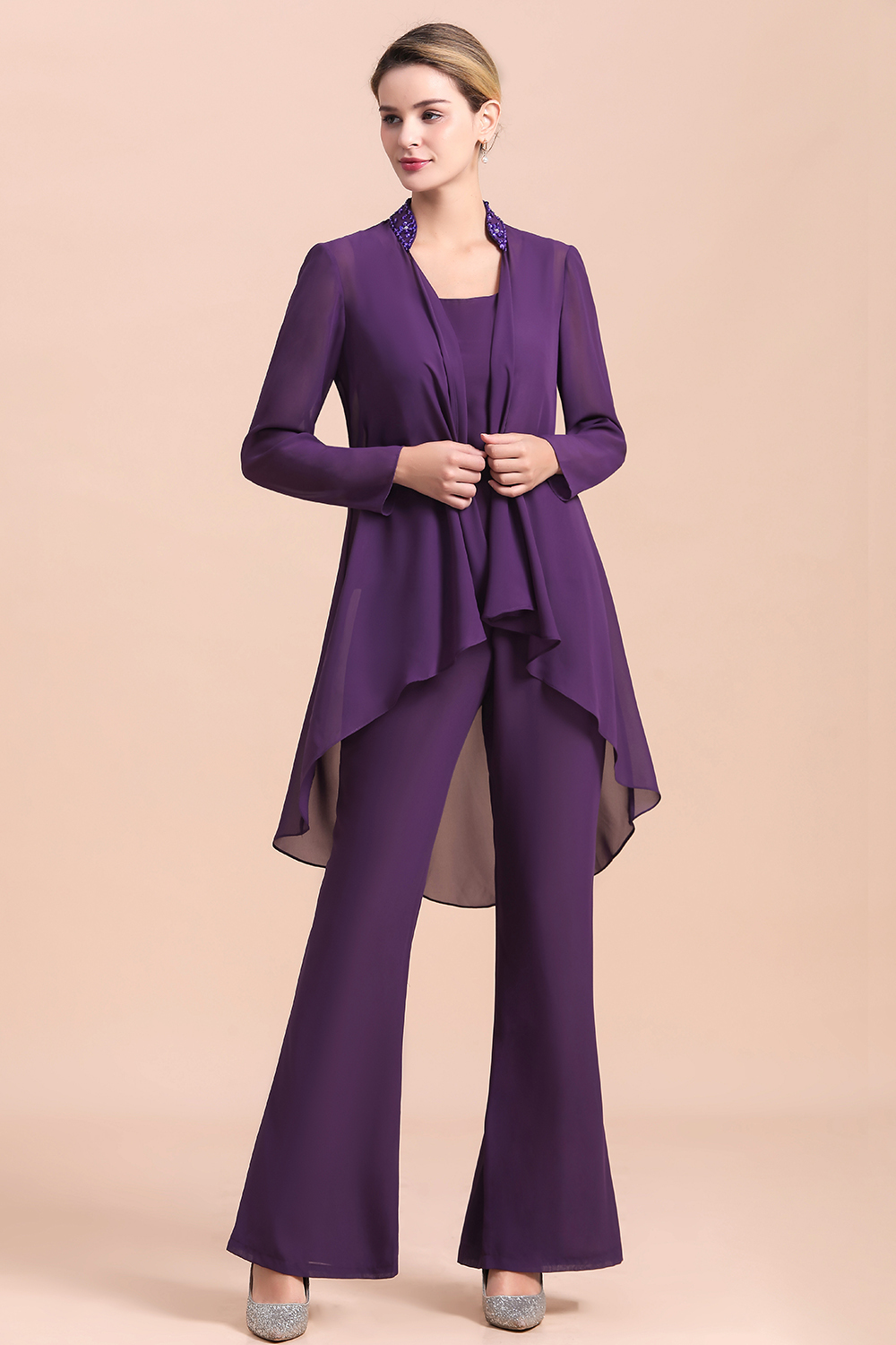 BMbridal Affordable Straps Beading Grape Chiffon Mother of Bride Jumpsuit Online with Wrap-BMbridal