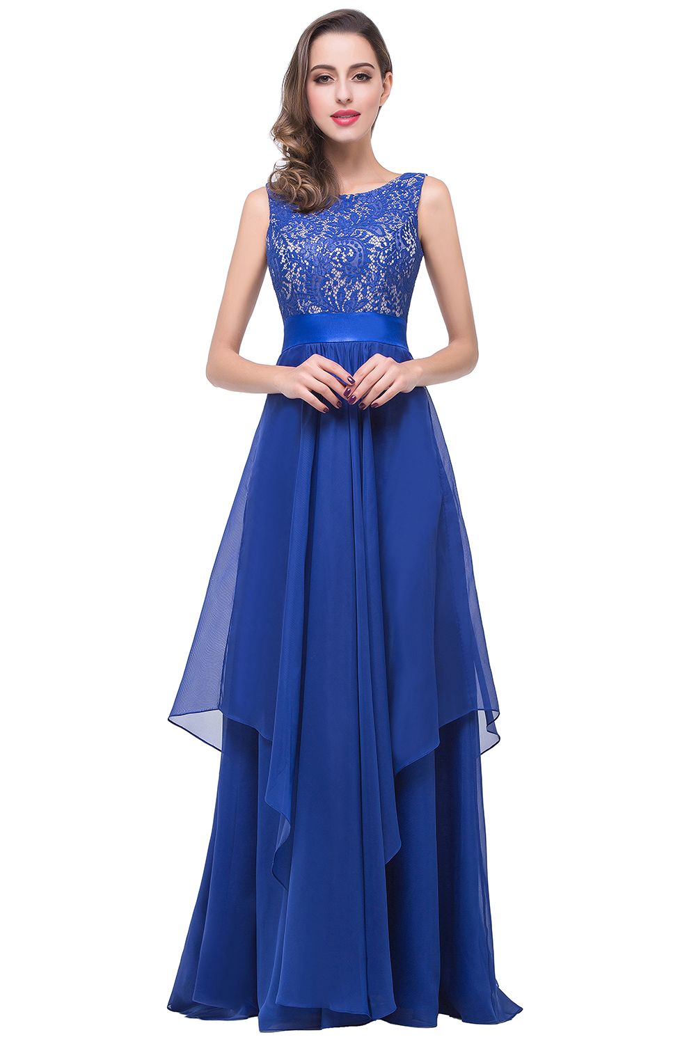 BMbridal Exquisite A-line Chiffon Royal Blue Bridesmaid Dress with Lace In Stock