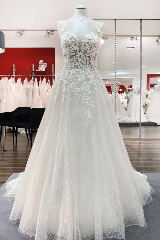 BMbridal Breath-taking Detailed Appliques Ruffles Tulle Ivory Lace Wedding Dresses Long-BMbridal