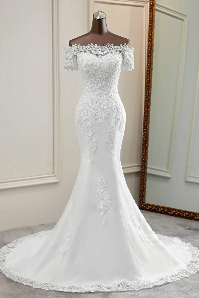 BMbridal Gorgeous Off-the-Shoulder Lace Mermaid Wedding Dresses Short Sleeves Rhinestons Bridal Gowns-BMbridal