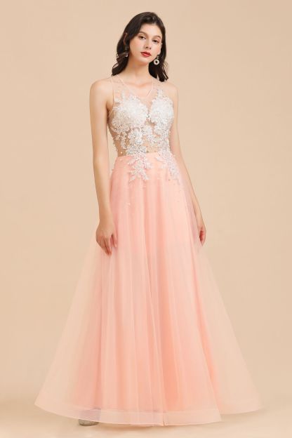 BMbridal Round Neck Lace Appliques Long Evening Prom Dress