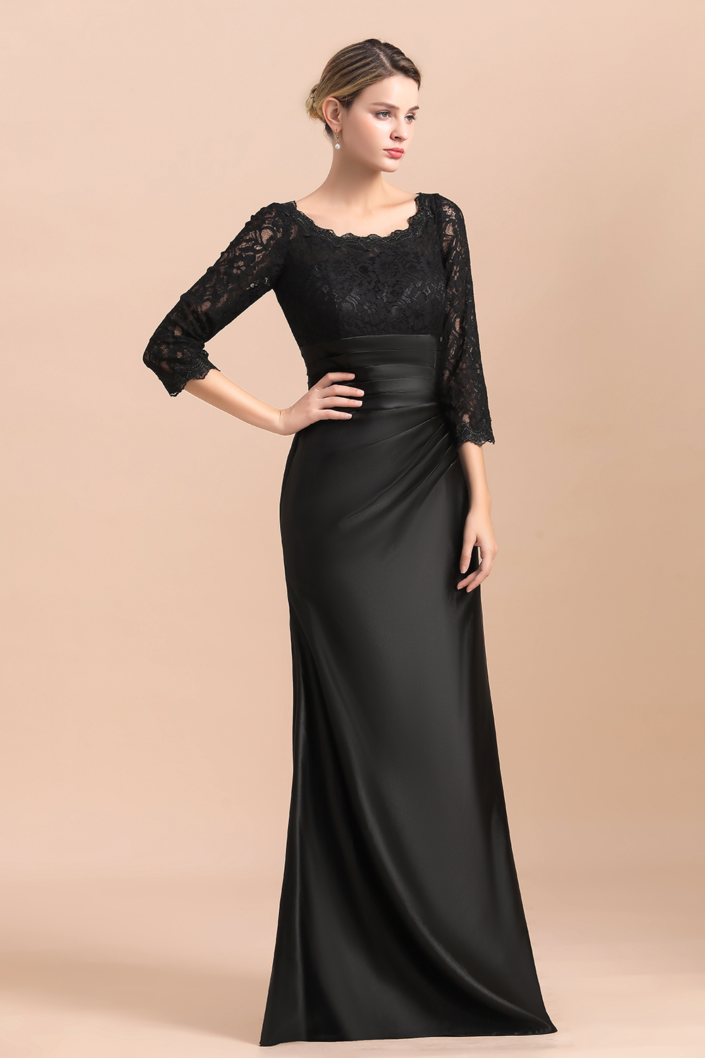 BMbridal Elegant Jewel 3/4 Sleeves Black Satin Lace Ruffles Mother of Bride Dress On Sale-BMbridal