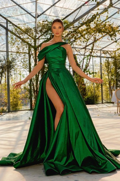 Bmbridal Dark Green Mermiad Satin One Shoulder Prom Dress with Split