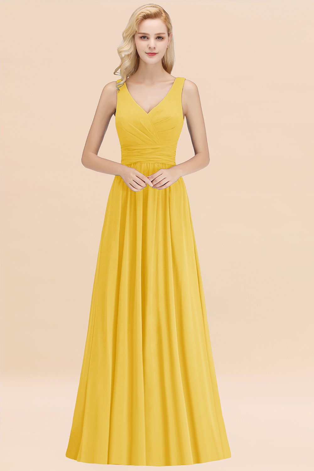 BMbridal Modest Sleeveless V-Neck Long Chiffon Bridesmaid Dress Online with Ruffle-BMbridal