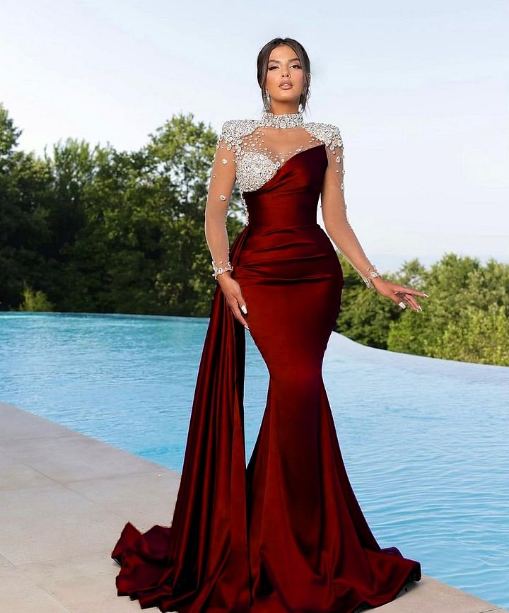 Bmbridal Purple Long Sleeves Evening Gown Mermaid Ruffle With Crystals