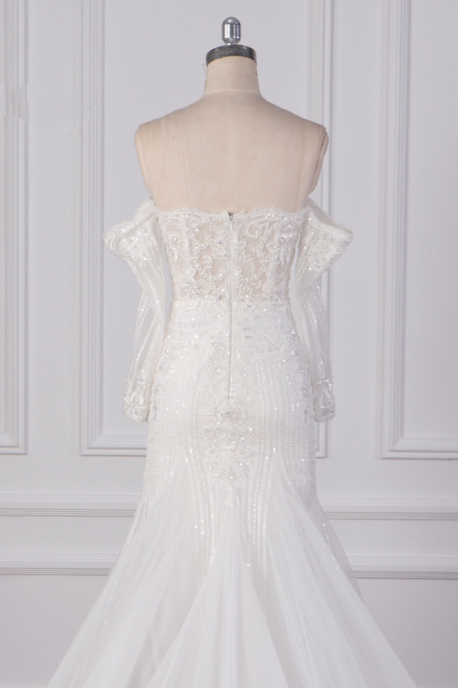 BMbridal Gorgeous Strapless White Tulle Lace Wedding Dress Long Sleeves Beadings Bridal Gowns On Sale-BMbridal