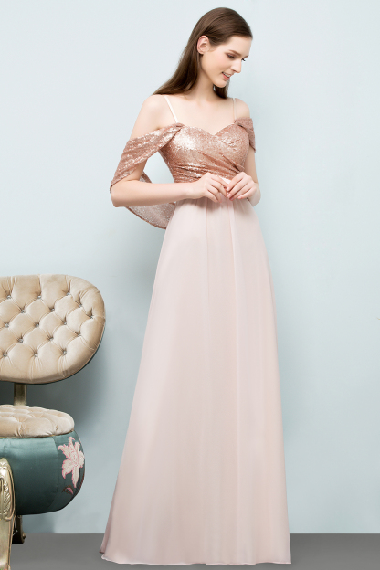 BMbridal A-line Sweetheart Off-shoulder Spaghetti Long Sequins Chiffon Prom Dress