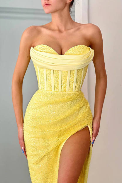 Bmbridal Yellow Split Front Mermaid Sweetheart Prom Dress with Ruffles