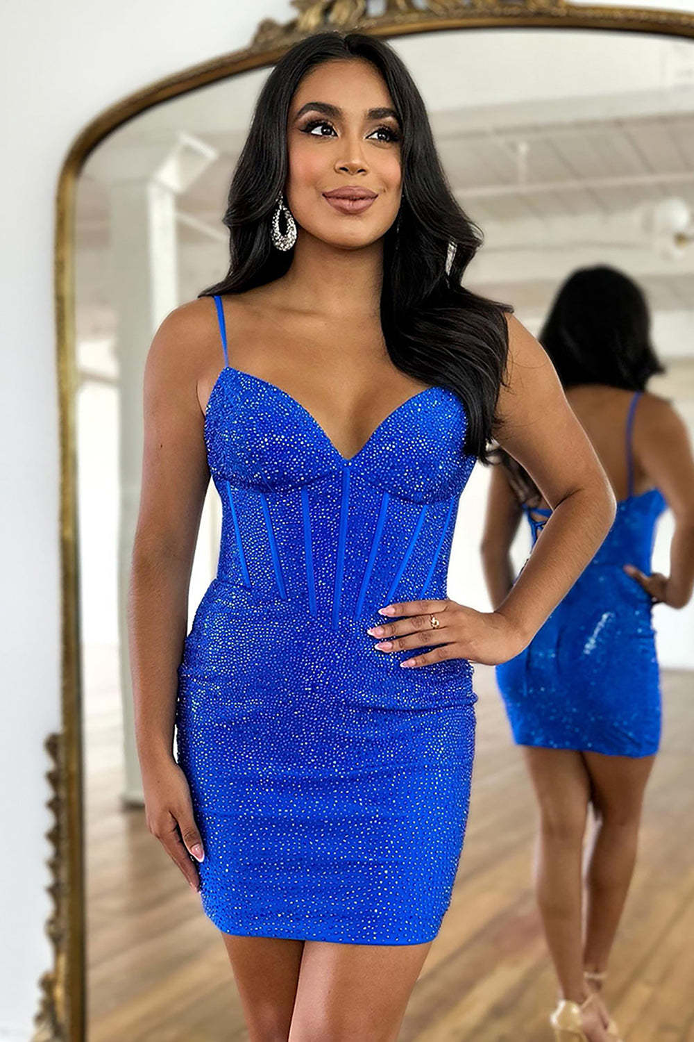 Sparkly Navy Beaded Lace-Up Back Corset Tight Short Homecoming Dress