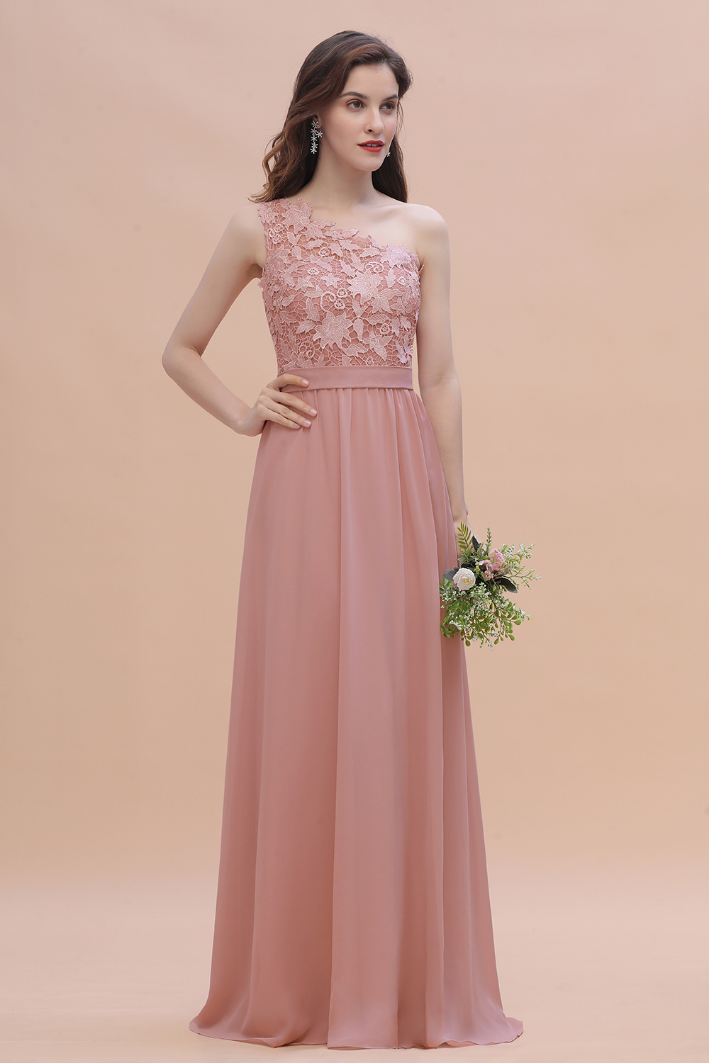 BMbridal Chic One Shoulder Chiffon Lace Vintage Mauve Bridesmaid Dress On Sale-BMbridal