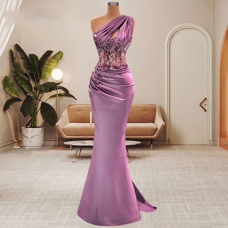 Wisteria One Shoulder Mermaid Prom Dress Sleeveless With Beads