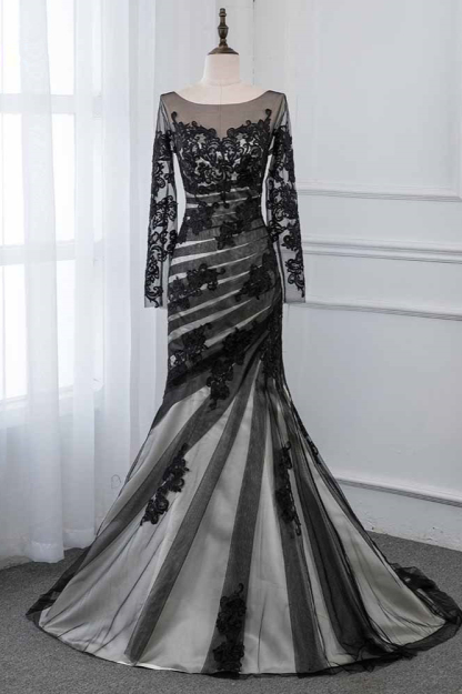 BMbridal Elegant Tulle Jewel Appliques Prom Dresses with Long Sleeves Online