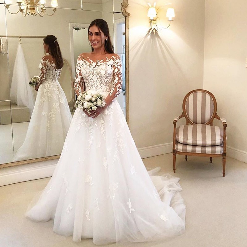 BMbridal Long Sleeves Tulle Wedding Dress With Lace Appliques-BMbridal