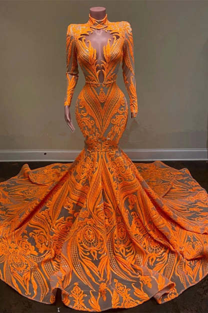 Bmbridal Long Sleeves Orange Mermaid Prom Dress Sequins Lace
