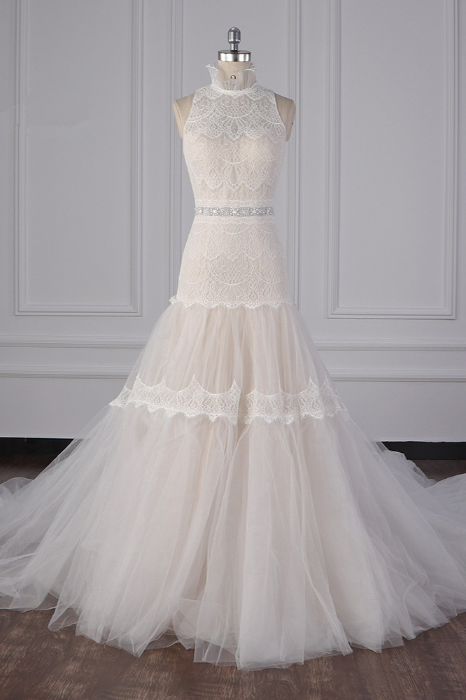 BMbridal Chic High-Neck Tulle Lace Wedding Dress Appliques Sleeveless Bridal Gowns with Beading Sashes Online-BMbridal