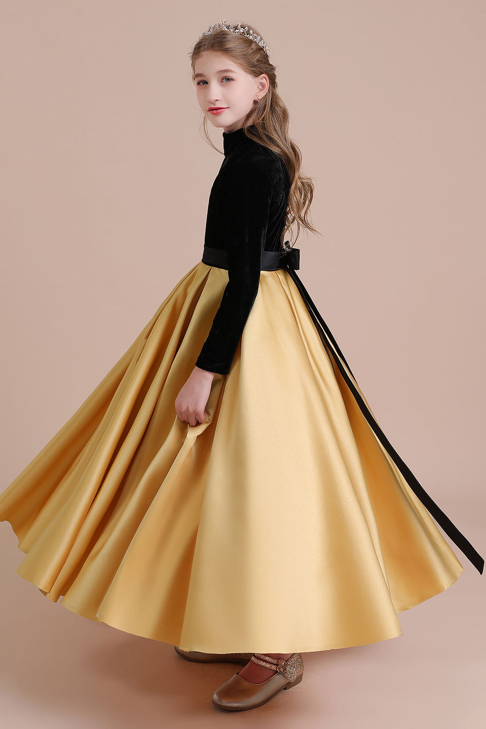 BMbridal A-Line High-neck Velvet Satin Flower Girl Dress Online-BMbridal