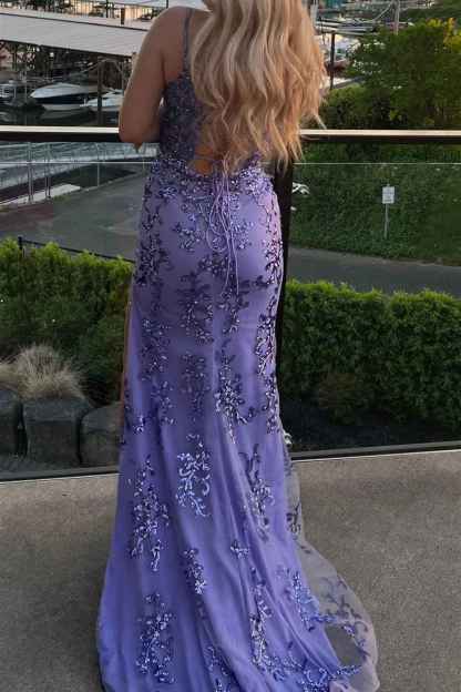 Sparkly Blue Sheath Sequins Long Prom Dress with Slit