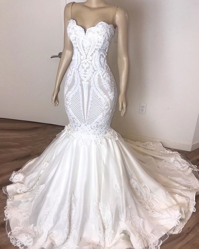 BMbridal Gorgeous Sweetheart Mermaid Lace Wedding Dresses White Ruffles Bridal Gowns With Appliques On Sale-BMbridal