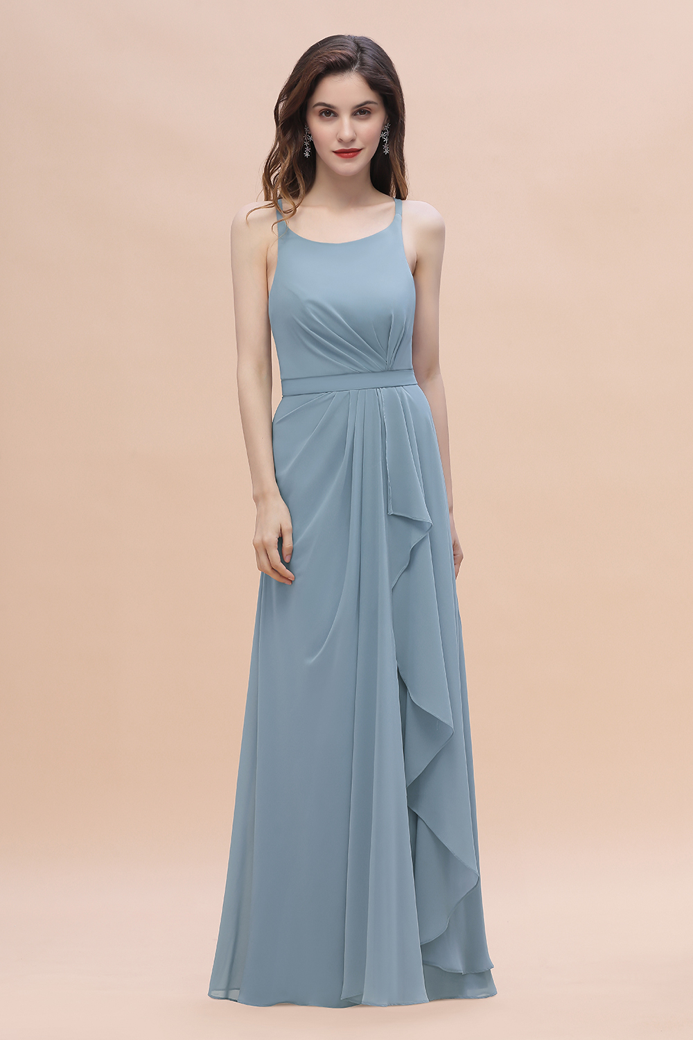 BMbridal Gorgeous A-Line Straps Dusty Blue Chiffon Bridesmaid Dress with Ruffles On Sale-BMbridal