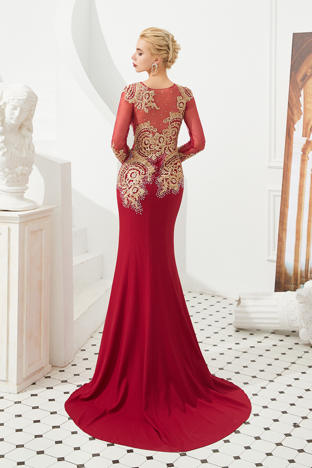 BMbridal Burgundy Long Sleeve Mermaid Prom Dress With Gold Appliques Online