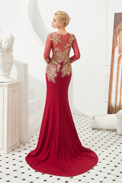 BMbridal Burgundy Long Sleeve Mermaid Prom Dress With Gold Appliques Online
