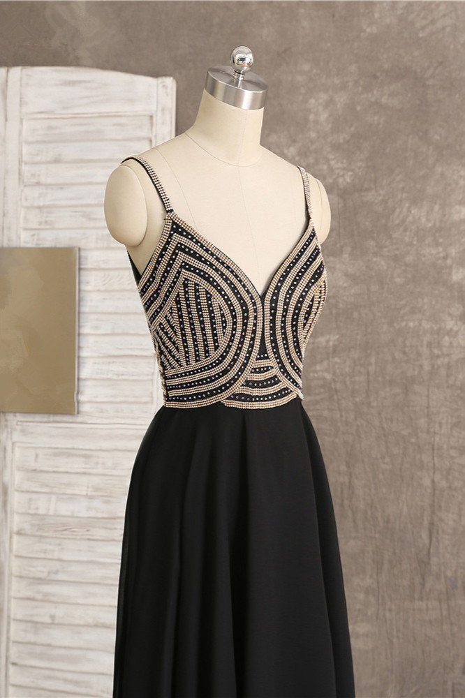 BMbridal Sexy Spaghetti Straps V-Neck Black Prom Dresses Sleeveless with Ruffles Beadings On Sale