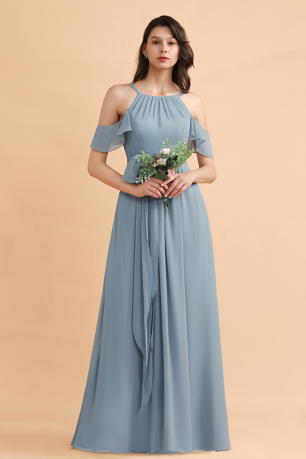 BMbridal Stylish Cold-Shoulder Ruffles Chiffon Bowknot Bridesmaid Dress with Pockets On Sale-BMbridal